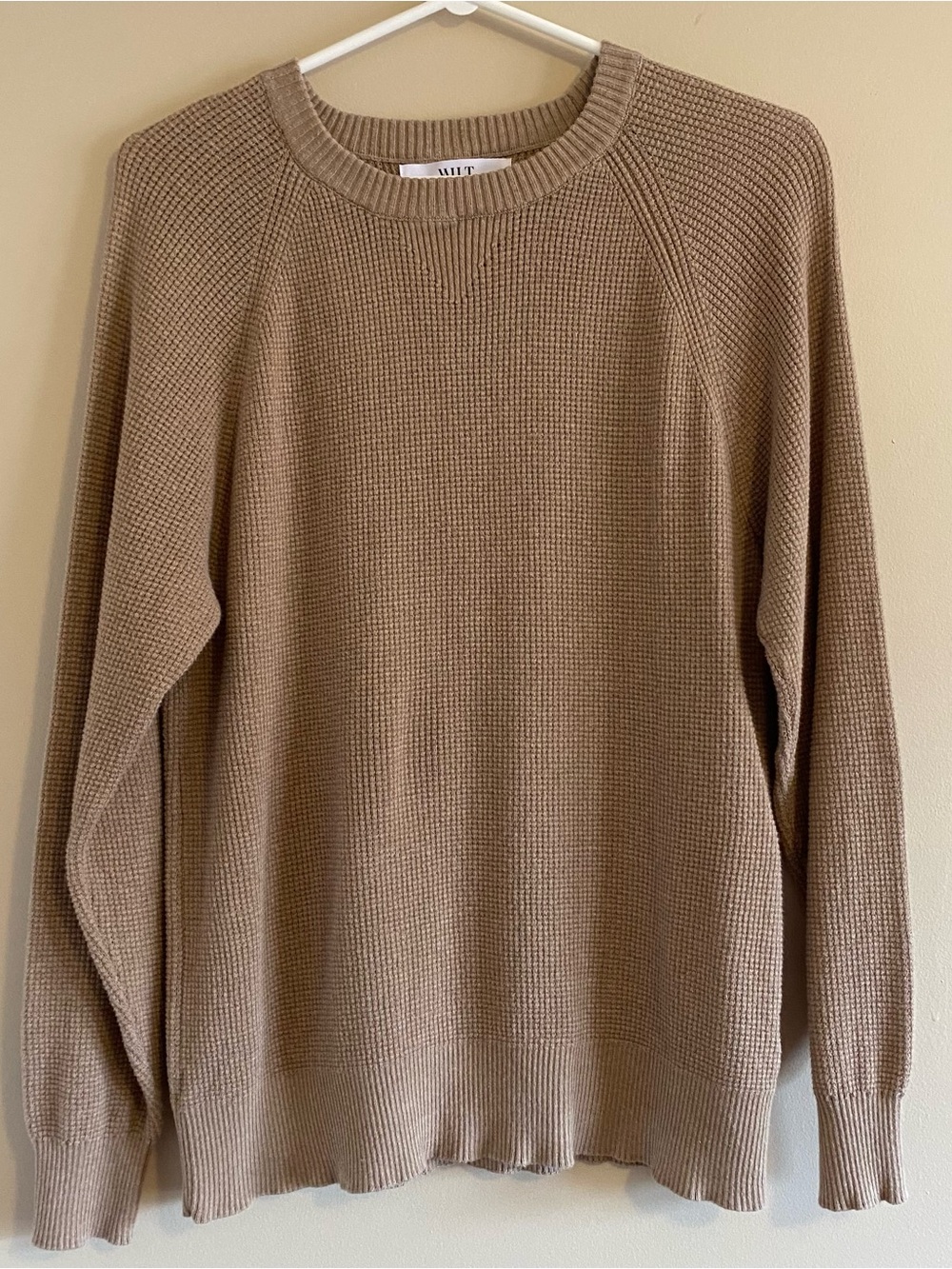 WILT Beige Cotton Cashmere Crewneck Sweater Pullover Top Drop Shoulder Size Med